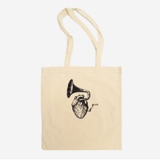 Vintage Gramophone Heart Tote Bag: Hand-Printed, Long Handles, Music Heart, Gift Vintage Gramophone Heart Tote Bag: Hand-Printed, Long Handles, Music Heart, Gift